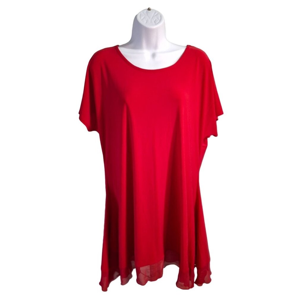 Cato Women Tunic Top L Red Flowy Hemline Lightweight Short Sleeve Lagenlook Boho